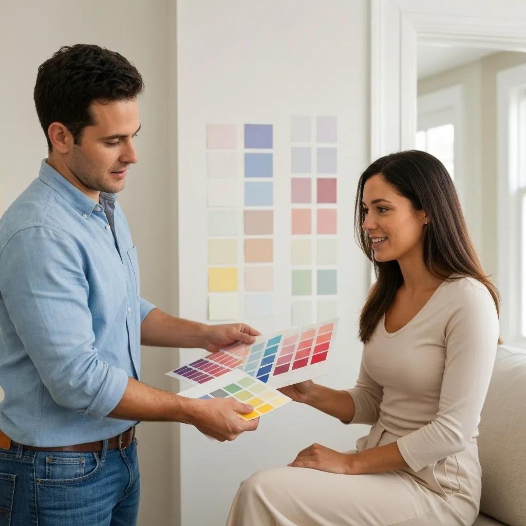Color consultant assisting homeowner with color swatches in a bright consultation space